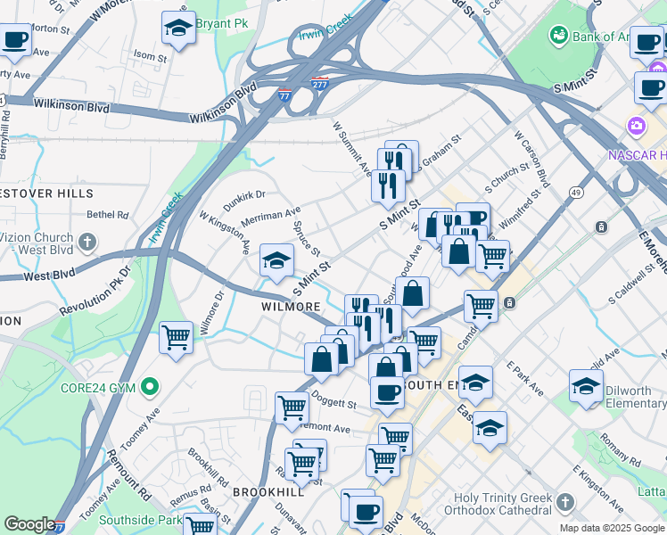 map of restaurants, bars, coffee shops, grocery stores, and more near 1615 South Mint Street in Charlotte
