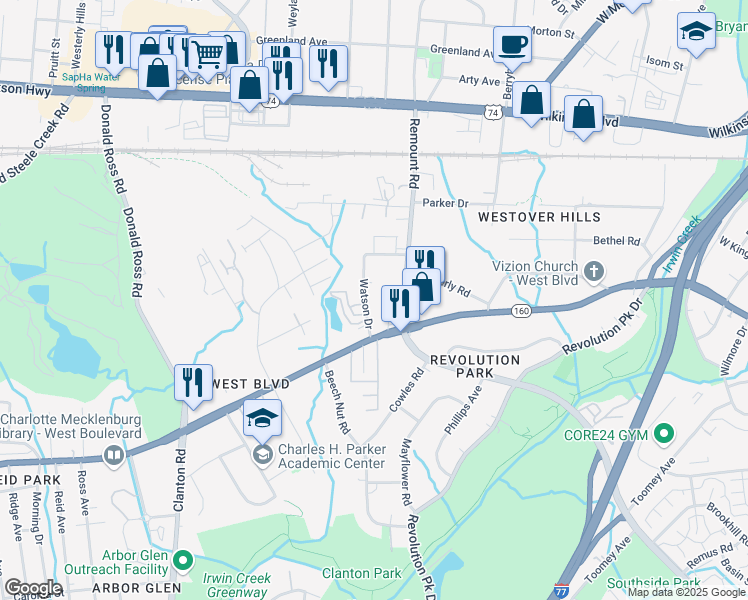 map of restaurants, bars, coffee shops, grocery stores, and more near 1621 Remount Road in Charlotte