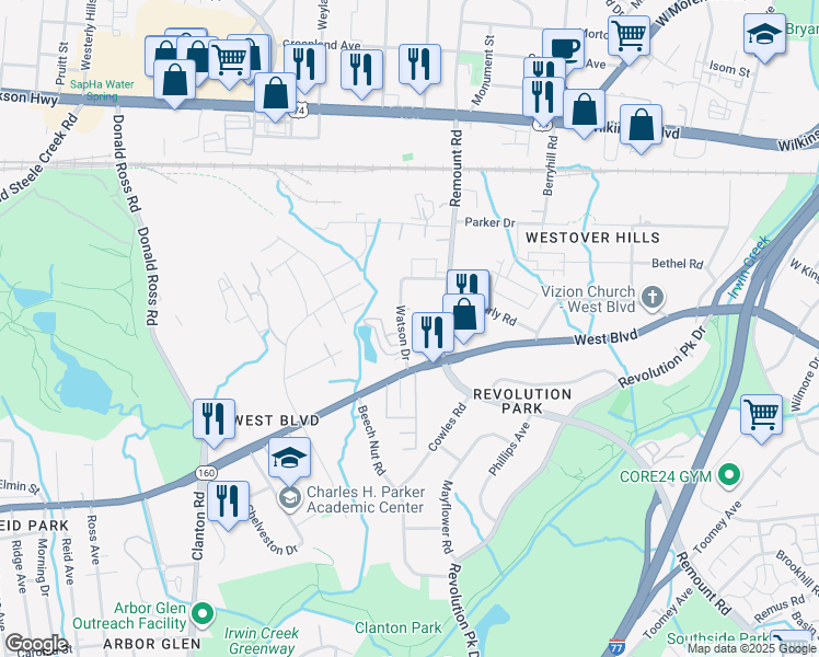 map of restaurants, bars, coffee shops, grocery stores, and more near in Charlotte