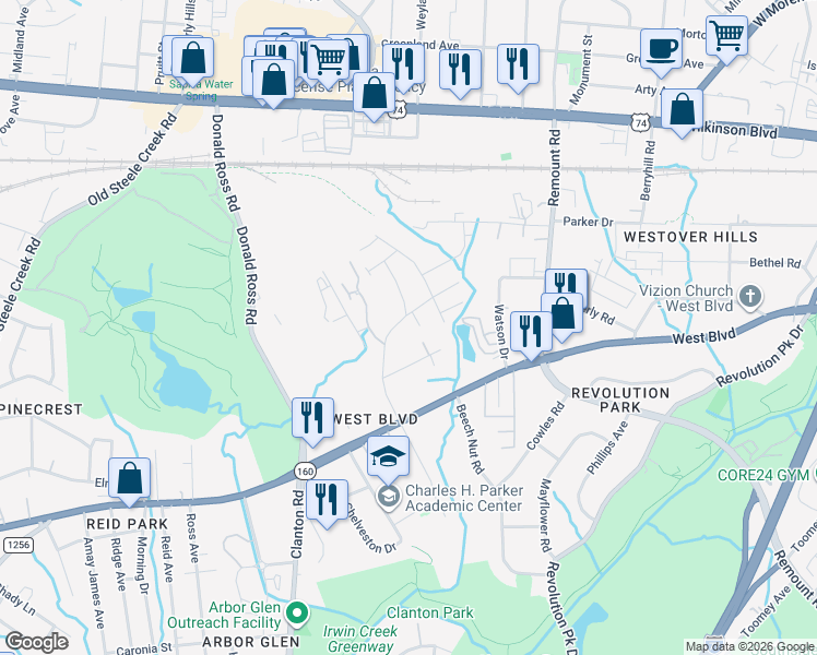 map of restaurants, bars, coffee shops, grocery stores, and more near 2617 Doctor Carver Road in Charlotte
