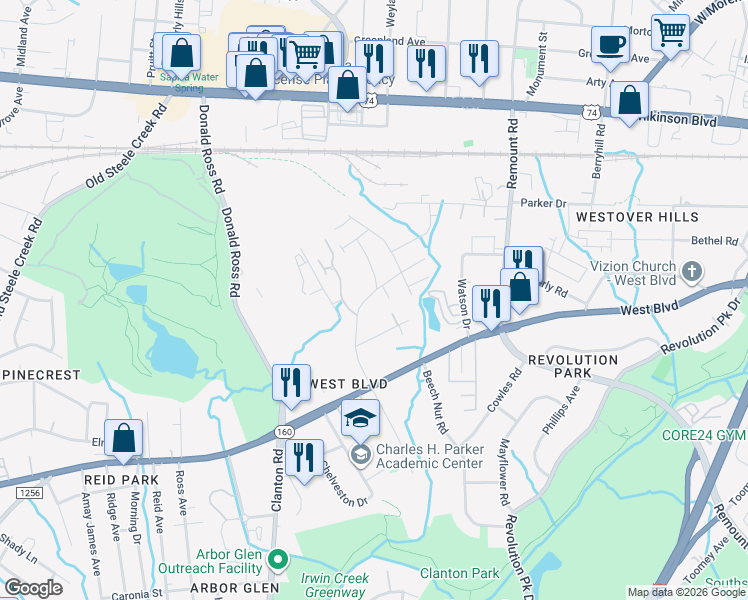 map of restaurants, bars, coffee shops, grocery stores, and more near 2617 Doctor Carver Road in Charlotte