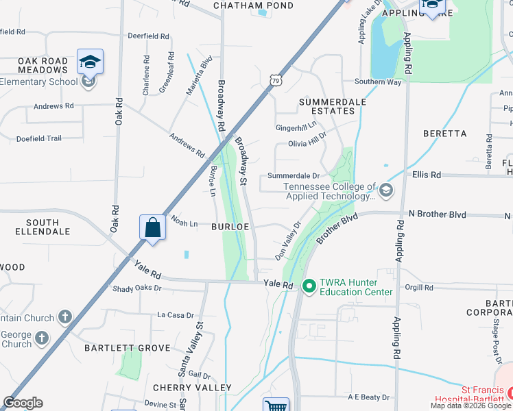 map of restaurants, bars, coffee shops, grocery stores, and more near 7377 Tina Cove in Bartlett