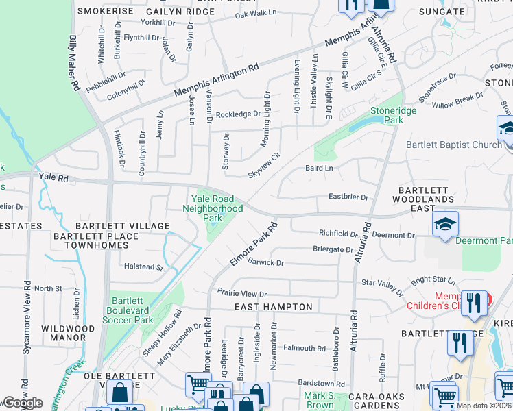 map of restaurants, bars, coffee shops, grocery stores, and more near 6272 Yale Road in Memphis