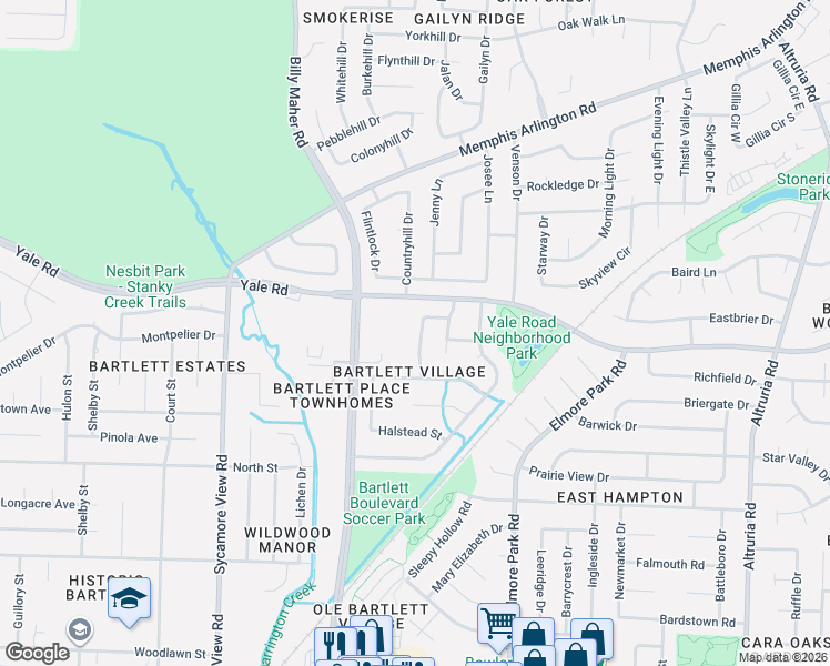 map of restaurants, bars, coffee shops, grocery stores, and more near 3344 Acree Street in Bartlett