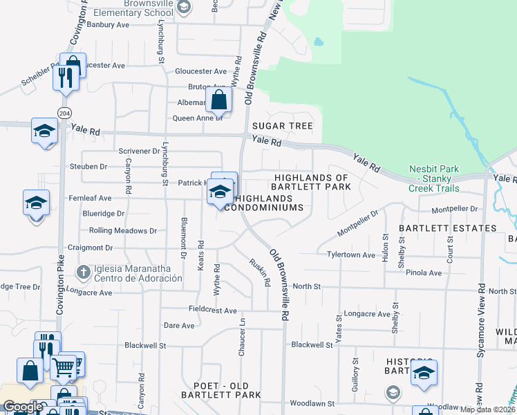 map of restaurants, bars, coffee shops, grocery stores, and more near 3355 Coachouse Cove in Bartlett