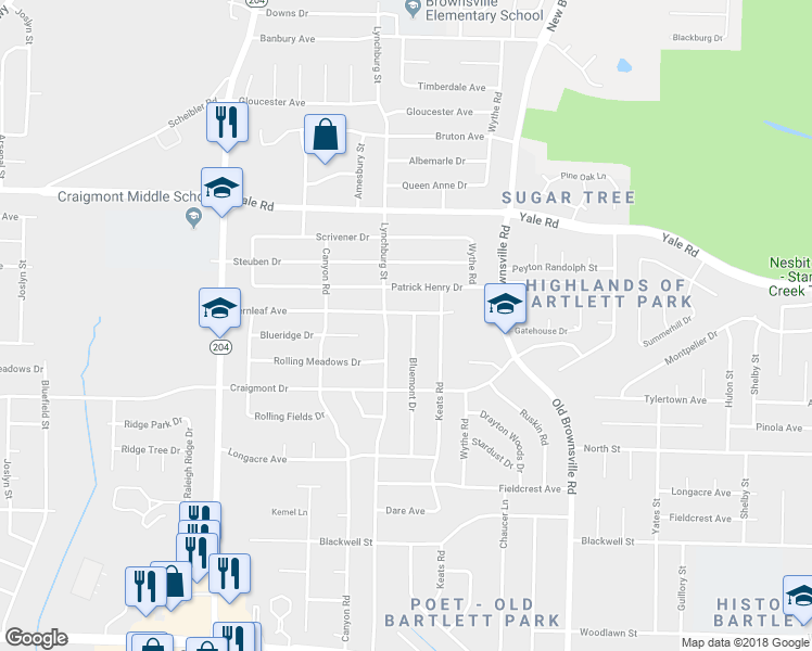 map of restaurants, bars, coffee shops, grocery stores, and more near 3340 Lynchburg Street in Memphis