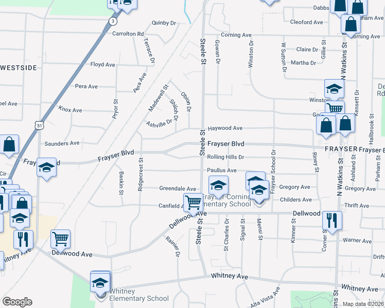 map of restaurants, bars, coffee shops, grocery stores, and more near 1420 Rolling Hills Drive in Memphis