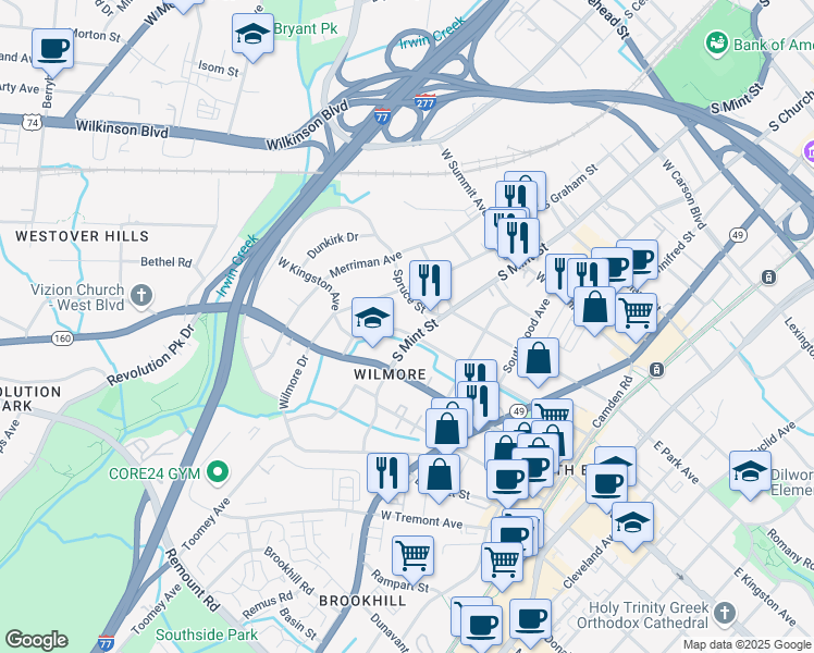 map of restaurants, bars, coffee shops, grocery stores, and more near 504 W Kingston Ave in Charlotte
