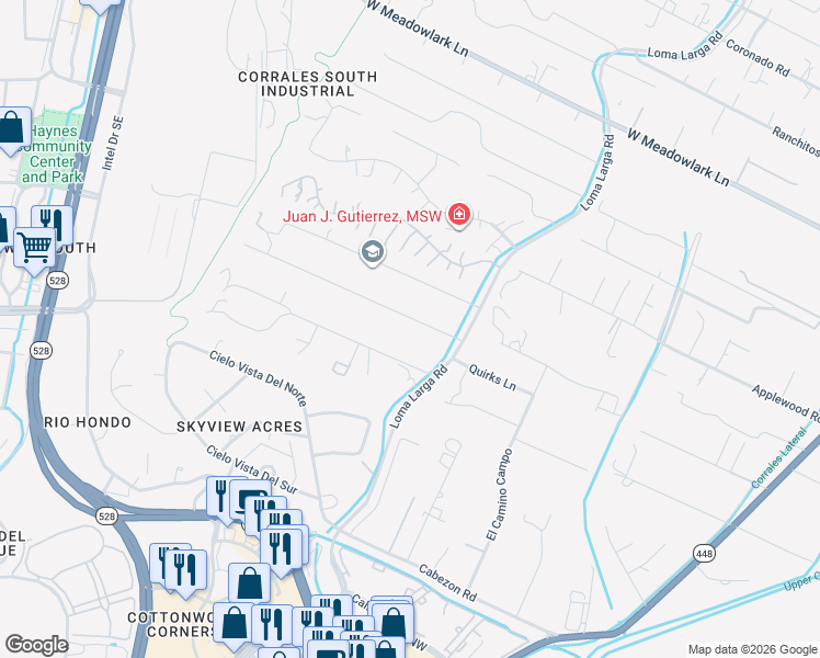 map of restaurants, bars, coffee shops, grocery stores, and more near 115 El Rey Drive Northwest in Corrales
