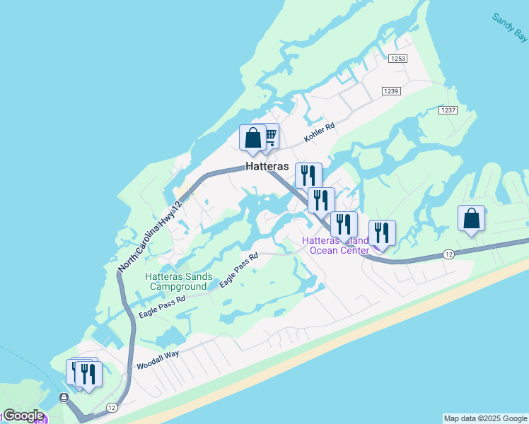 map of restaurants, bars, coffee shops, grocery stores, and more near 57224 Island Club Lane in Hatteras