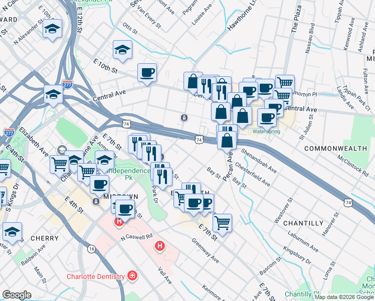 map of restaurants, bars, coffee shops, grocery stores, and more near 601 Lamar Avenue in Charlotte