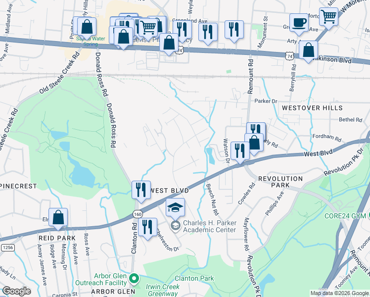 map of restaurants, bars, coffee shops, grocery stores, and more near 2617 Doctor Carver Road in Charlotte