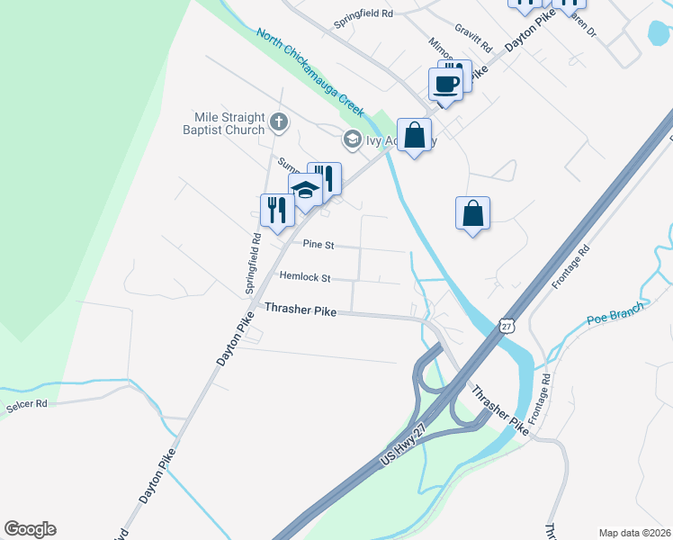 map of restaurants, bars, coffee shops, grocery stores, and more near 123 Hemlock Street in Soddy-Daisy