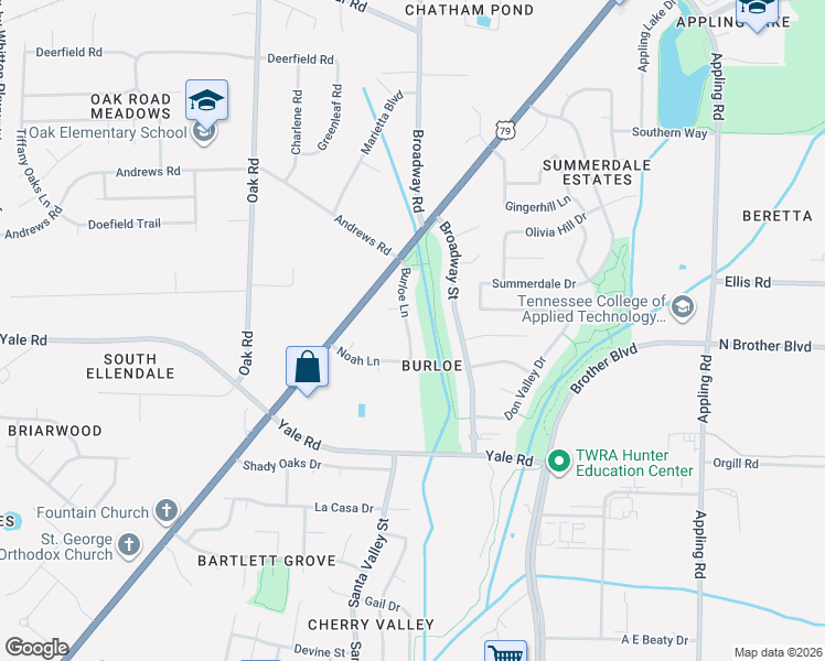 map of restaurants, bars, coffee shops, grocery stores, and more near 3351 Burloe Lane in Bartlett