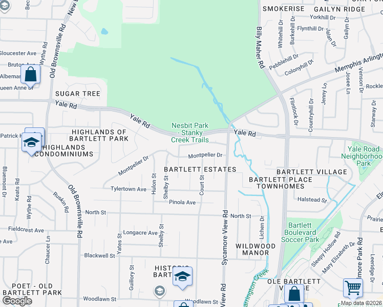 map of restaurants, bars, coffee shops, grocery stores, and more near 5765 Montpelier Drive in Bartlett