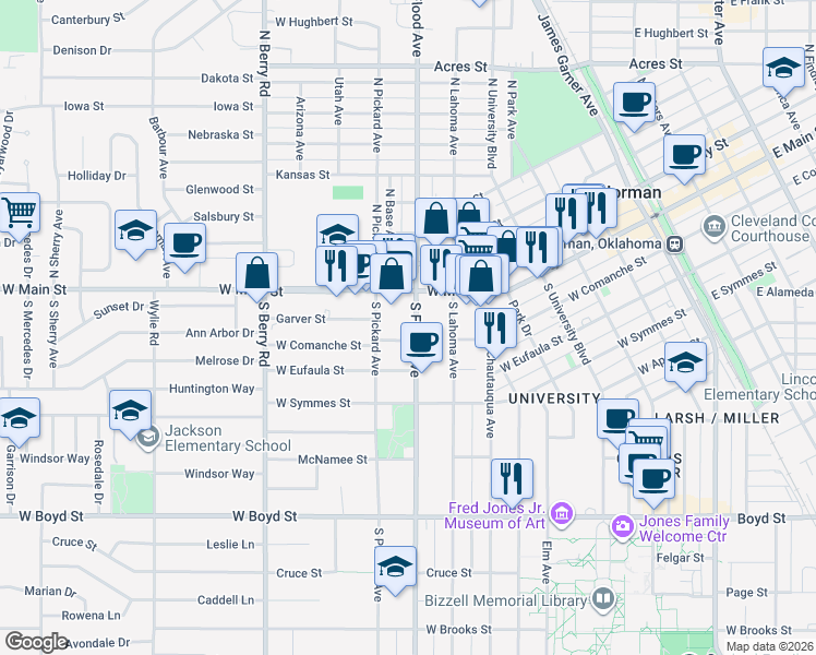 map of restaurants, bars, coffee shops, grocery stores, and more near 132 South Flood Avenue in Norman