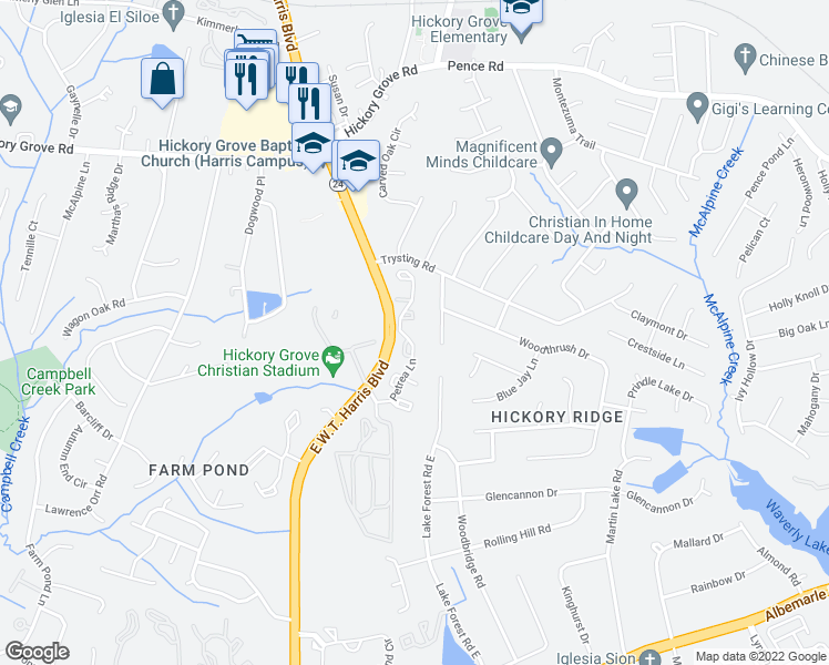 map of restaurants, bars, coffee shops, grocery stores, and more near 7663 Petrea Lane in Charlotte