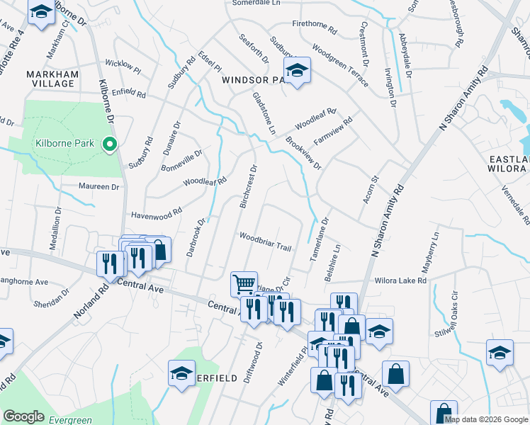 map of restaurants, bars, coffee shops, grocery stores, and more near 5315 Carriage Drive Circle in Charlotte
