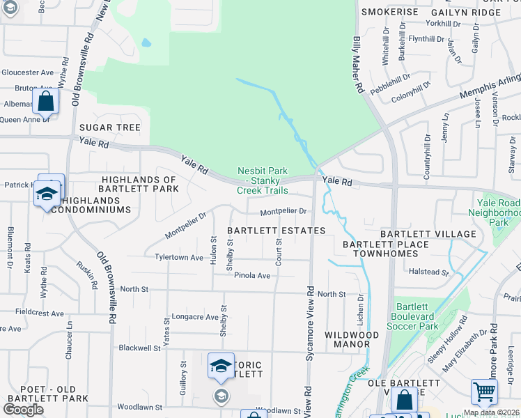 map of restaurants, bars, coffee shops, grocery stores, and more near 5765 Montpelier Drive in Bartlett