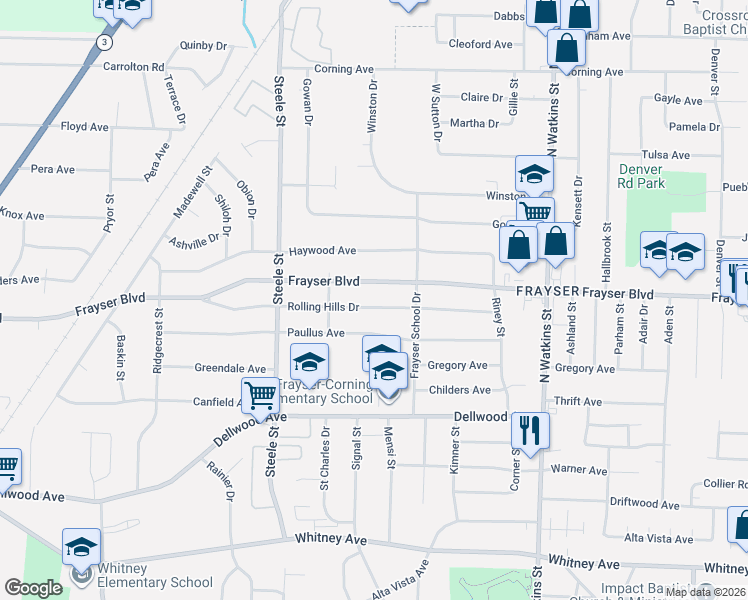 map of restaurants, bars, coffee shops, grocery stores, and more near 1598 Rolling Hills Drive in Memphis
