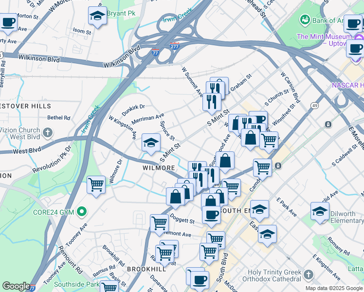 map of restaurants, bars, coffee shops, grocery stores, and more near 1615 South Mint Street in Charlotte