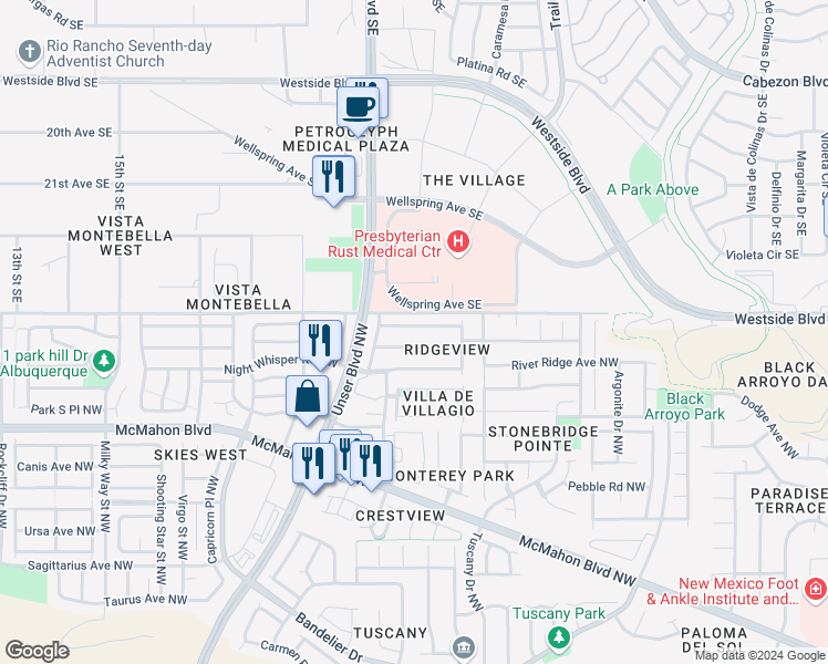 map of restaurants, bars, coffee shops, grocery stores, and more near 5608 Crown Ridge Road Northwest in Albuquerque