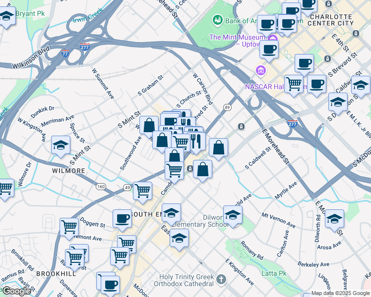 map of restaurants, bars, coffee shops, grocery stores, and more near 1414 South Tryon Street in Charlotte