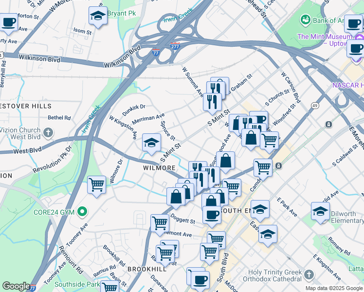 map of restaurants, bars, coffee shops, grocery stores, and more near 1615 South Mint Street in Charlotte