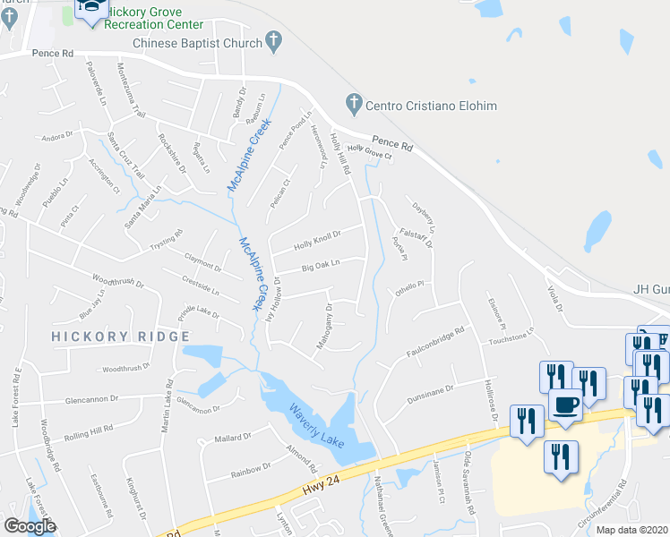 map of restaurants, bars, coffee shops, grocery stores, and more near 6301 Big Oak Lane in Charlotte