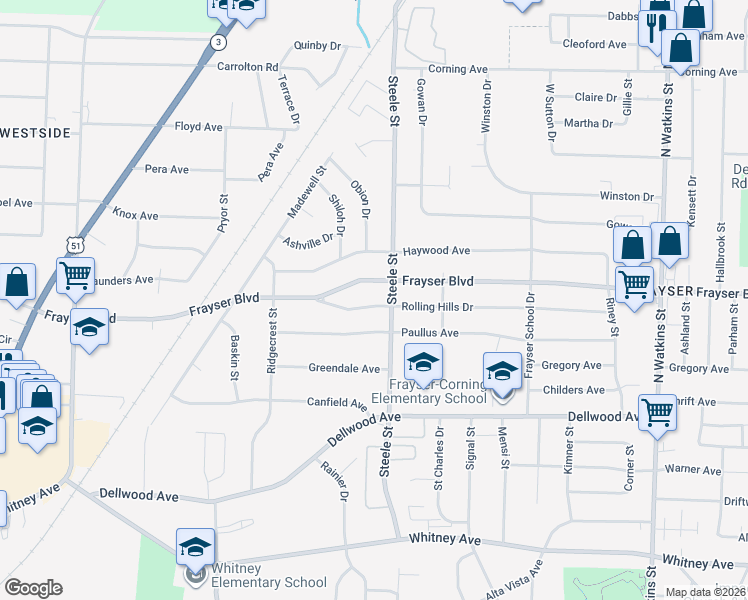 map of restaurants, bars, coffee shops, grocery stores, and more near 1420 Rolling Hills Drive in Memphis