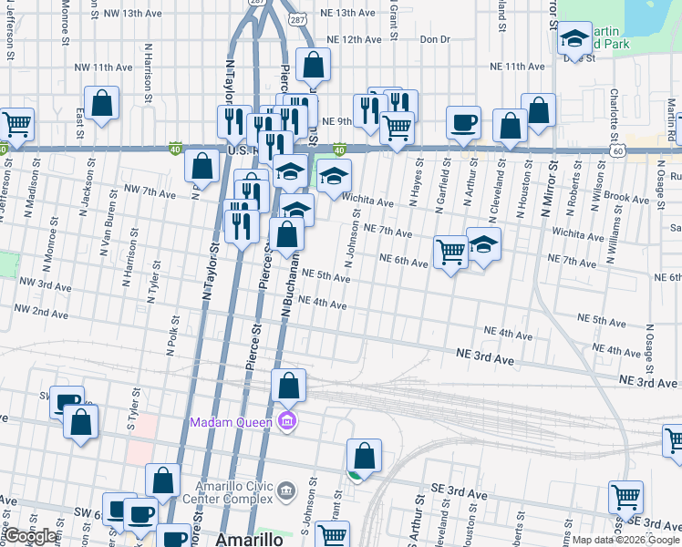map of restaurants, bars, coffee shops, grocery stores, and more near 614-698 Northeast 5th Avenue in Amarillo