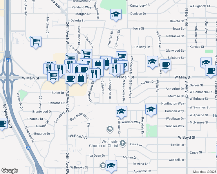 map of restaurants, bars, coffee shops, grocery stores, and more near 1919 Jansing Street in Norman
