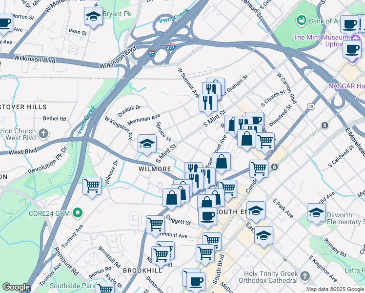 map of restaurants, bars, coffee shops, grocery stores, and more near 1615 South Mint Street in Charlotte
