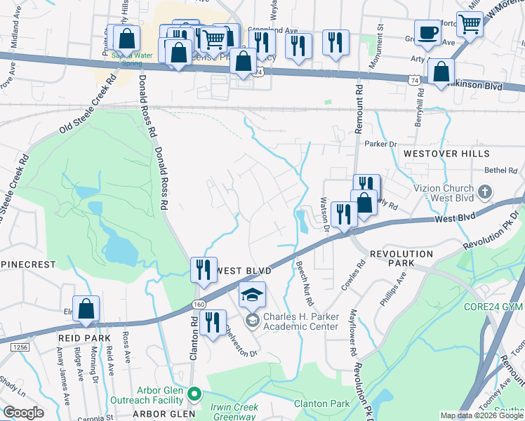 map of restaurants, bars, coffee shops, grocery stores, and more near 2617 Doctor Carver Road in Charlotte