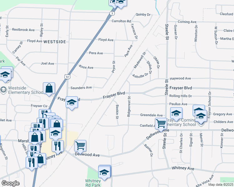 map of restaurants, bars, coffee shops, grocery stores, and more near Frayser Blvd & Madewell St in Memphis