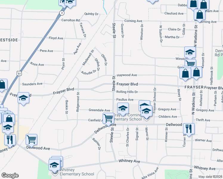 map of restaurants, bars, coffee shops, grocery stores, and more near 1473 Rolling Hills Drive in Memphis