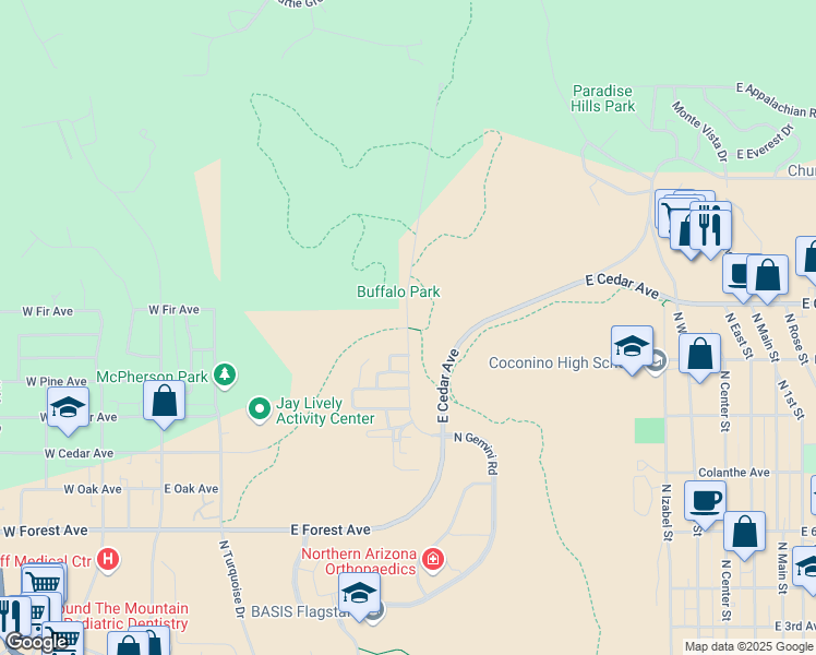 map of restaurants, bars, coffee shops, grocery stores, and more near 2400 North Gemini Road in Flagstaff