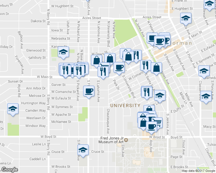 map of restaurants, bars, coffee shops, grocery stores, and more near 601 West Comanche Street in Norman