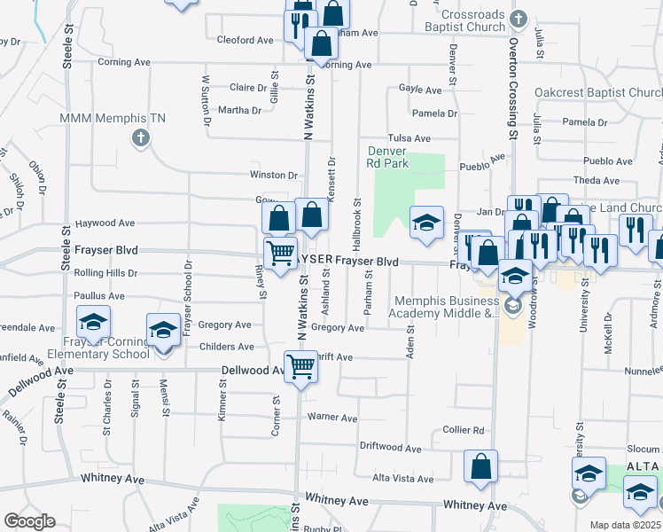 map of restaurants, bars, coffee shops, grocery stores, and more near 3358 Ashland Street in Memphis