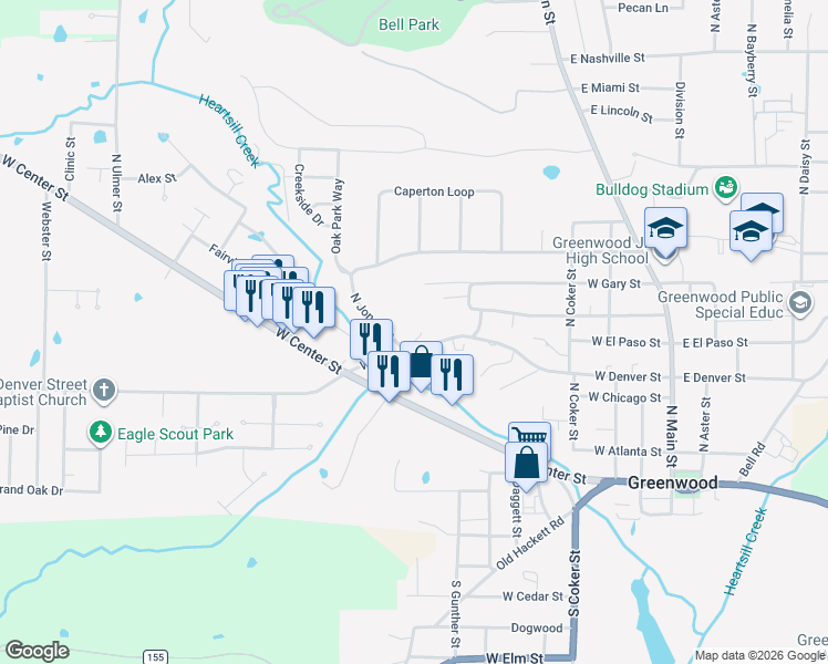 map of restaurants, bars, coffee shops, grocery stores, and more near 600 West Denver Street in Greenwood