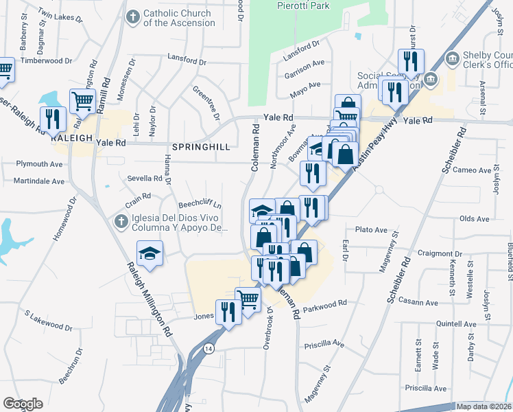 map of restaurants, bars, coffee shops, grocery stores, and more near 3350 Coleman Road in Memphis