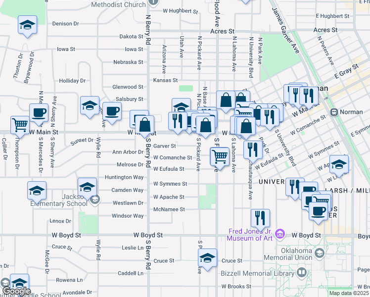 map of restaurants, bars, coffee shops, grocery stores, and more near 919 West Comanche Street in Norman