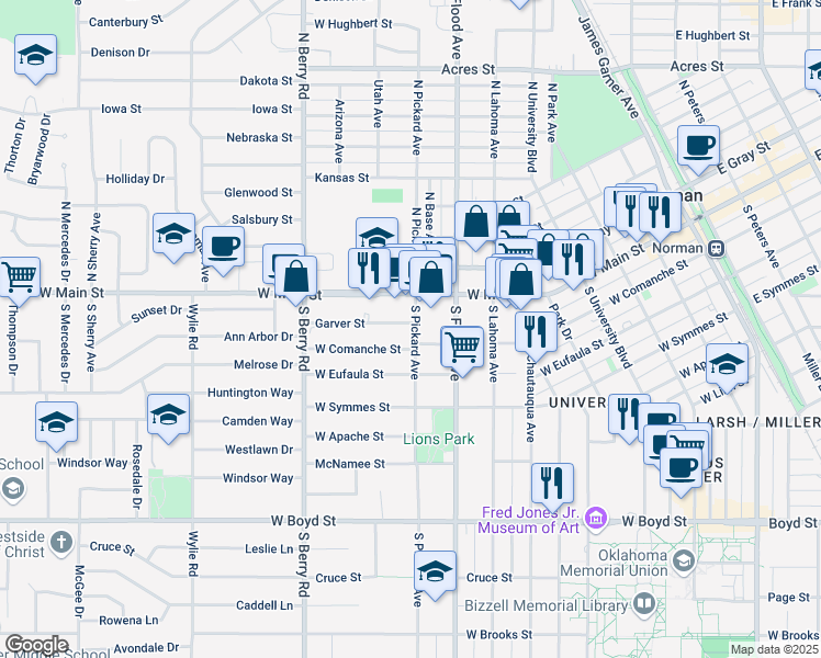 map of restaurants, bars, coffee shops, grocery stores, and more near 900 Garver Street in Norman