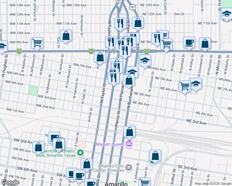 map of restaurants, bars, coffee shops, grocery stores, and more near 408 North Fillmore Street in Amarillo
