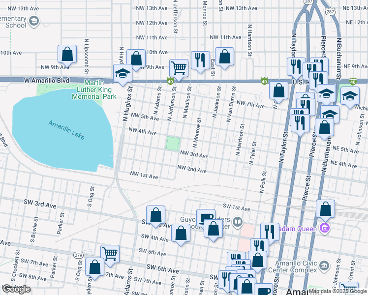 map of restaurants, bars, coffee shops, grocery stores, and more near 600-698 Northwest 3rd Avenue in Amarillo
