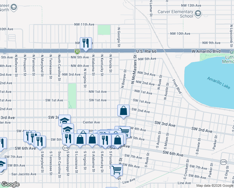 map of restaurants, bars, coffee shops, grocery stores, and more near 85 North Georgia Street in Amarillo