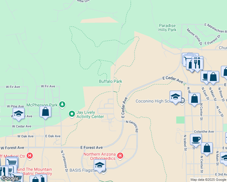 map of restaurants, bars, coffee shops, grocery stores, and more near 2400 North Gemini Road in Flagstaff