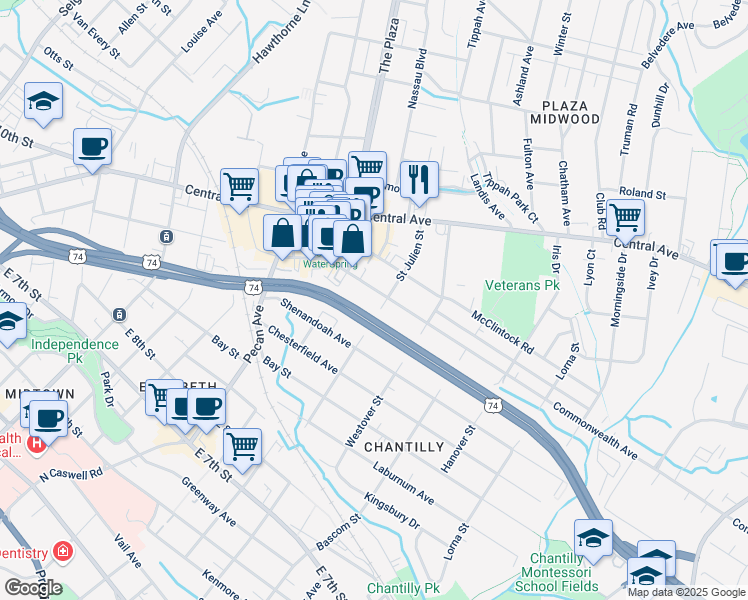 map of restaurants, bars, coffee shops, grocery stores, and more near 2200 Commonwealth Avenue in Charlotte