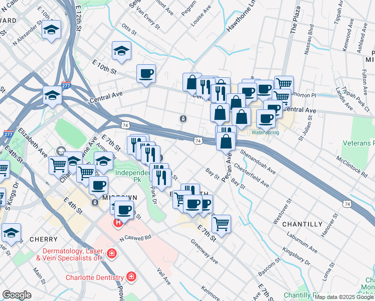 map of restaurants, bars, coffee shops, grocery stores, and more near 601 Lamar Avenue in Charlotte