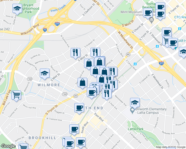 map of restaurants, bars, coffee shops, grocery stores, and more near 130 West Summit Avenue in Charlotte